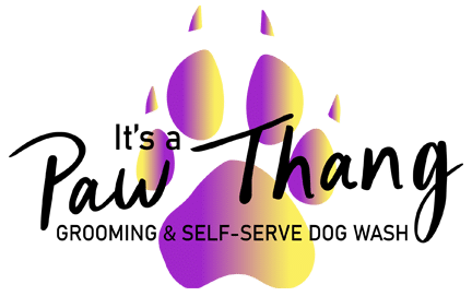 purple and yellow gradient paw print reading "It's a Paw Thang Grooming and Self-Serve Dog Wash"